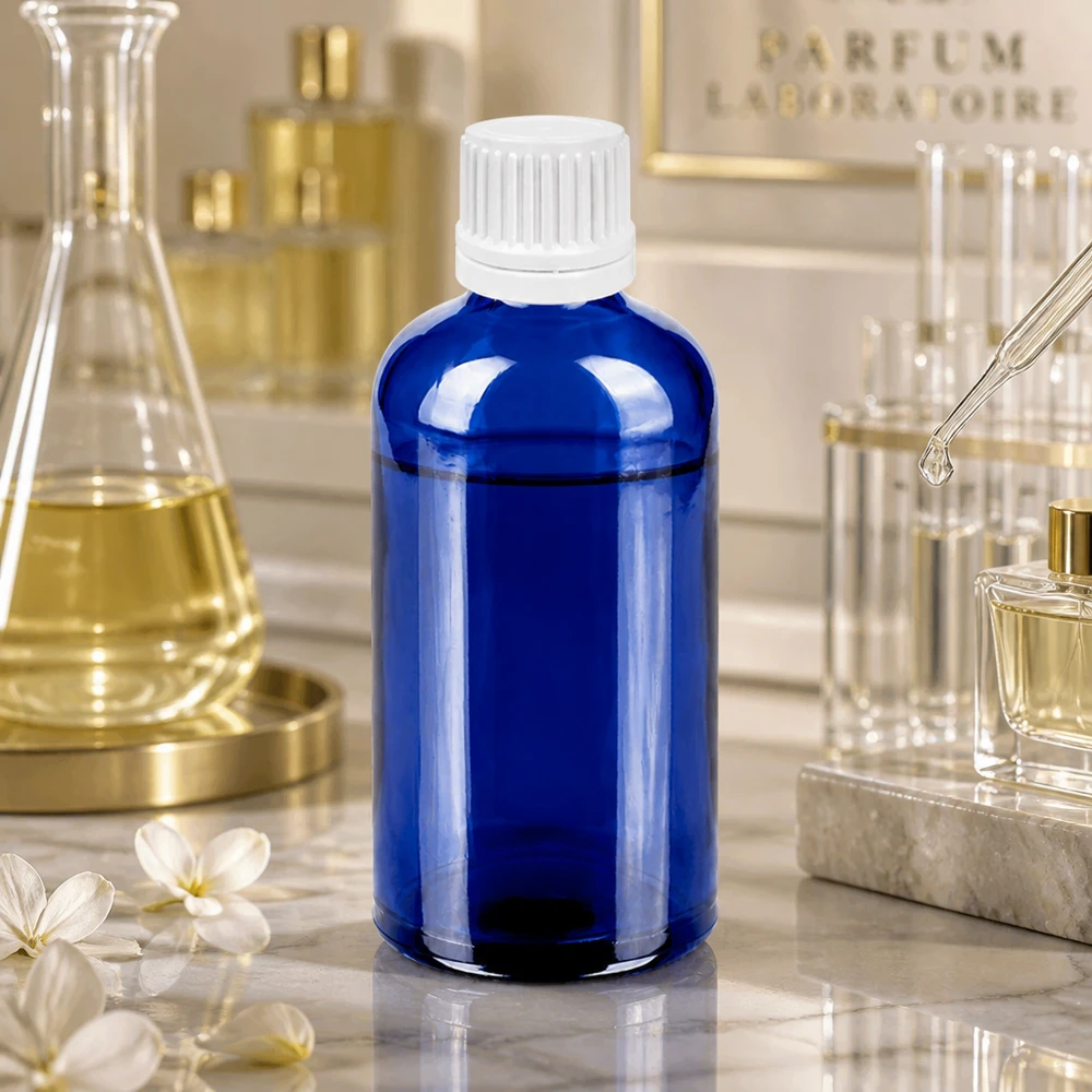 Frasco cuentagotas de 100 ml con tapón inviolable blanco de 0,7 mm BlueLine UT18/100 Frasco profesional de laboratorio de 100 ml en azul cobalto con tapón cuentagotas de precisión para una aplicación exacta