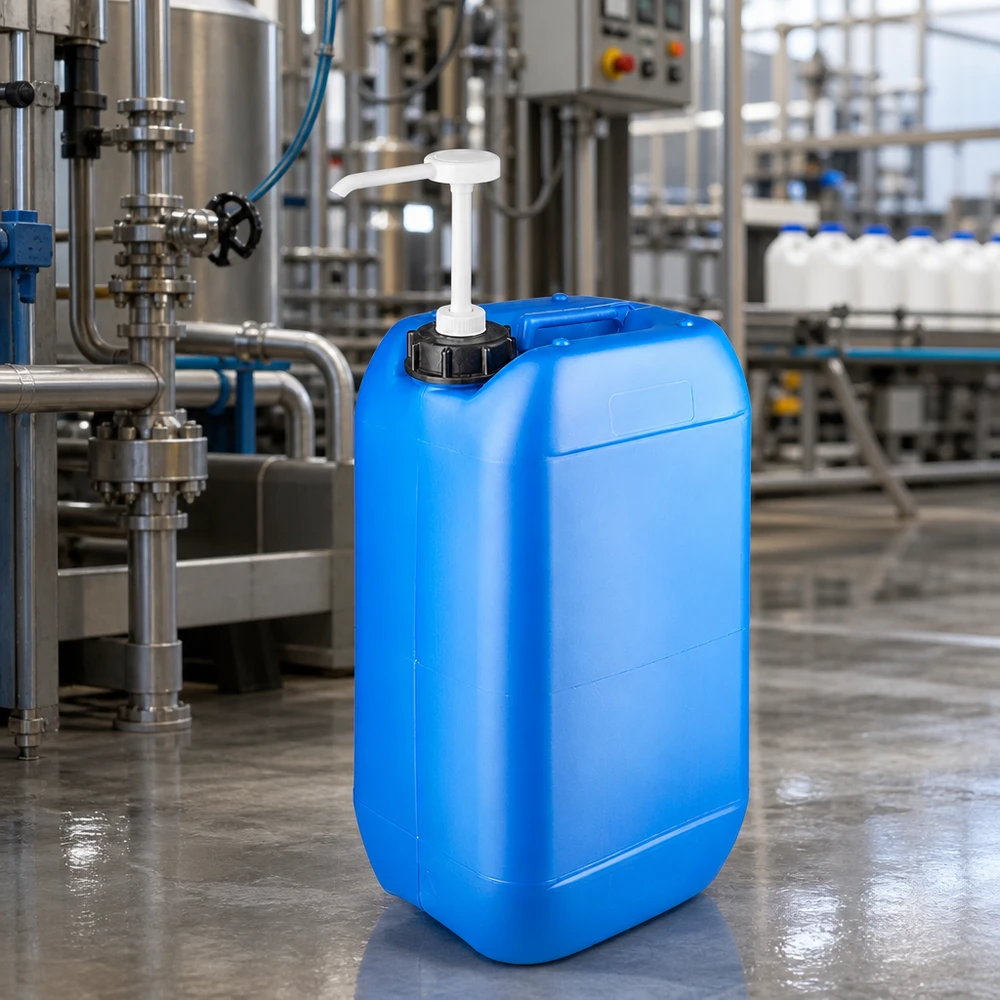 Bidón 15 litros azul con bomba dosificadora Bidón azul de 15 litros con bomba dosificadora en una planta de producción industrial con tuberías de acero inoxidable