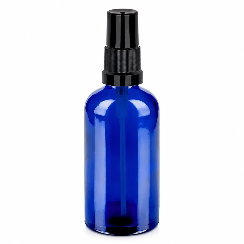 Frasco pulverizador de 100 ml negro con tapón estándar BlueLine UT18/100 Frasco pulverizador negro de 100 ml STD BlueLine UT18/100 - vidrio azul con cabezal pulverizador negro
