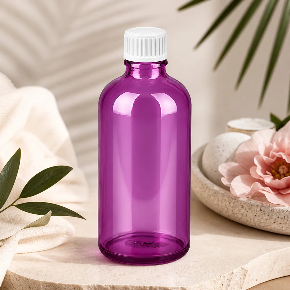 Frasco de 100 ml (glóbulo) Anillo vertedor de 3 mm blanco PurpleLine estándar. UT18/100 Frasco compacto de vidrio violeta de 100 ml con rosca UT18 para productos de aromaterapia