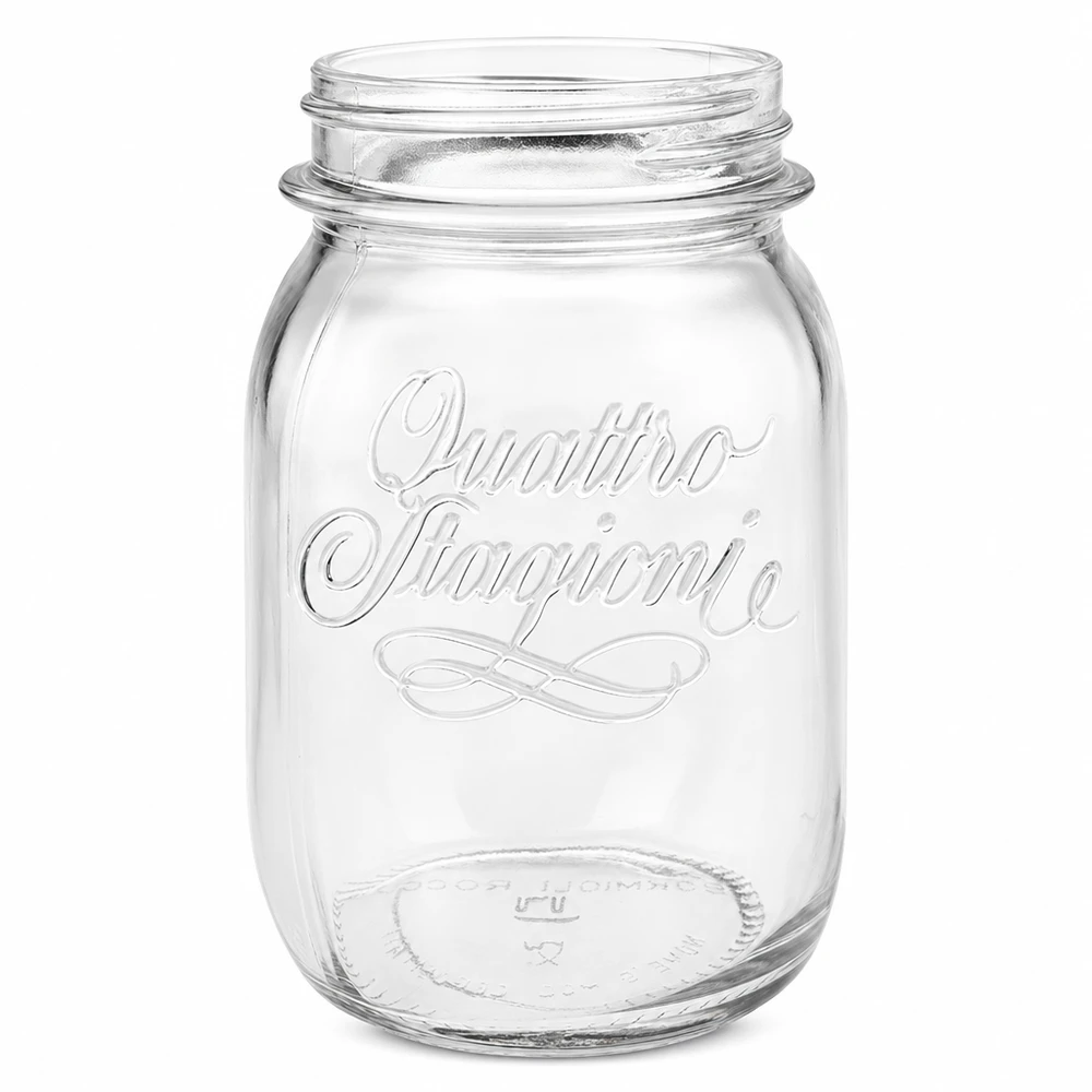 Tarro para conservas Quattro Stagioni de 500 ml, de vidrio transparente con logotipo en relieve sin tapa sobre fondo blanco