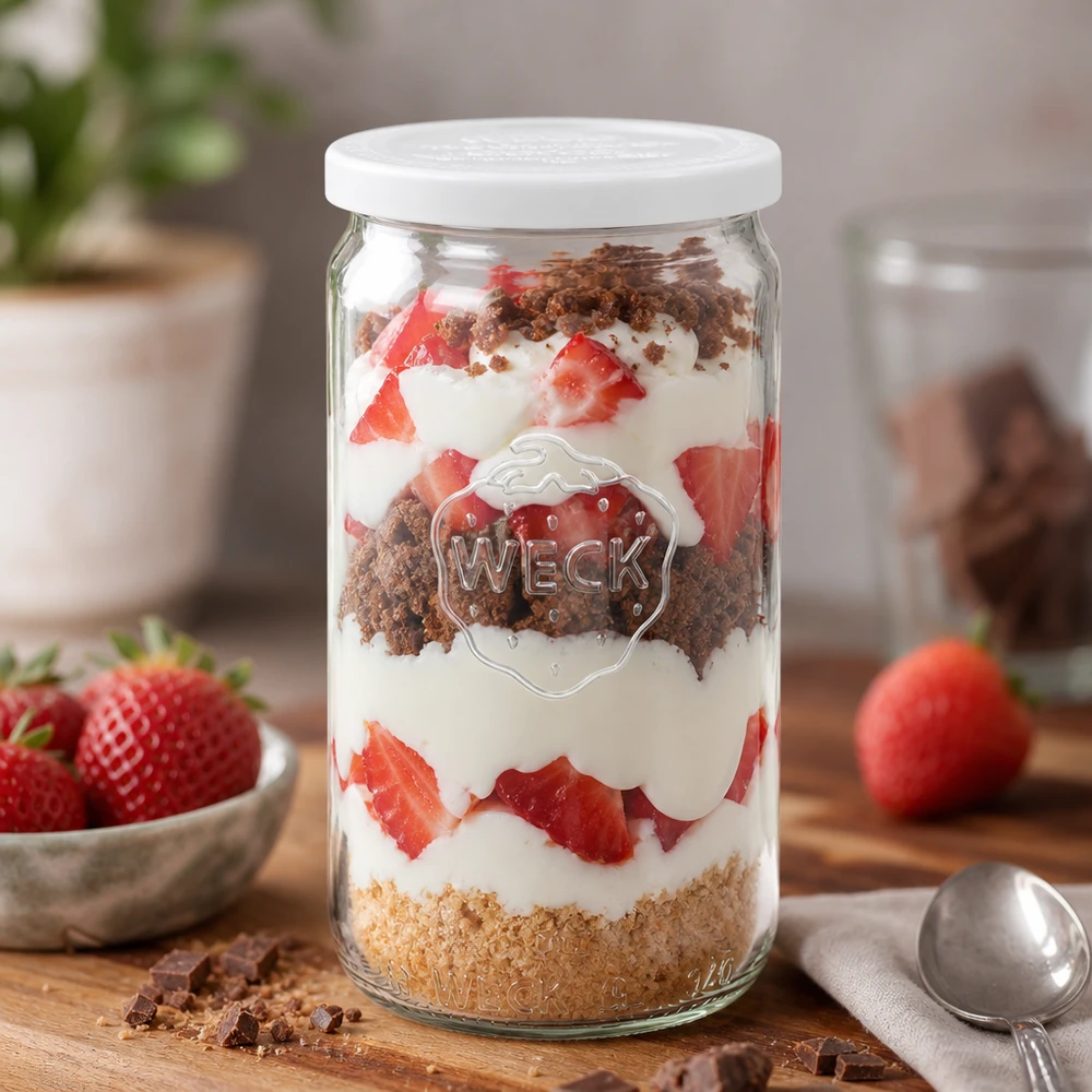 Tarro cilíndrico de 340ml con tapa de frescor WECK RR60 Tarro cilíndrico WECK 340ml como tarro de postre con postre en capas de fresas y nata dispuestas decorativamente