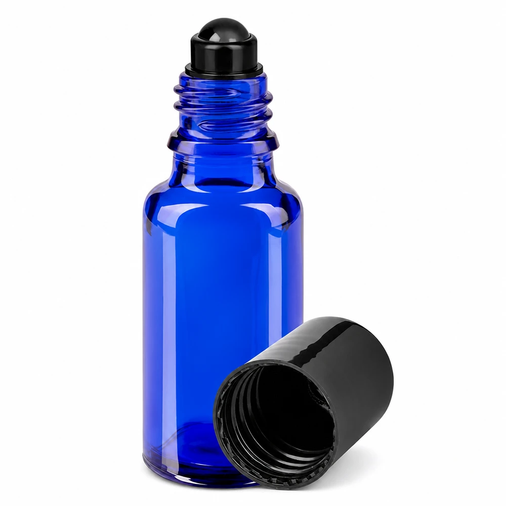 Botella de farmacia azul 20ml tapón roll-on negro Frasco azul de 20 ml con aplicador de bola, fabricado en vidrio de farmacia, con aplicador de bola negro y tapón de rosca