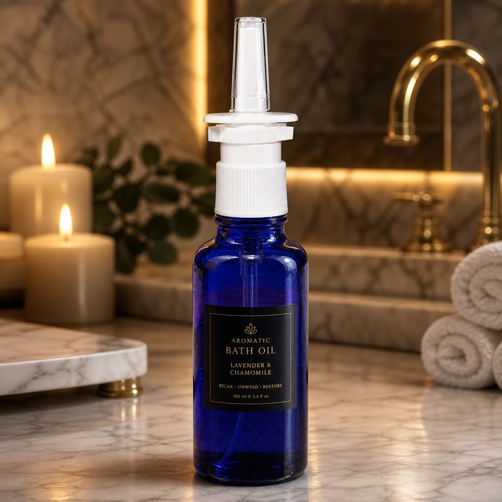 Pequeño frasco de 30 ml para spray nasal, de cristal de farmacia azul cobalto, con dosificador estándar