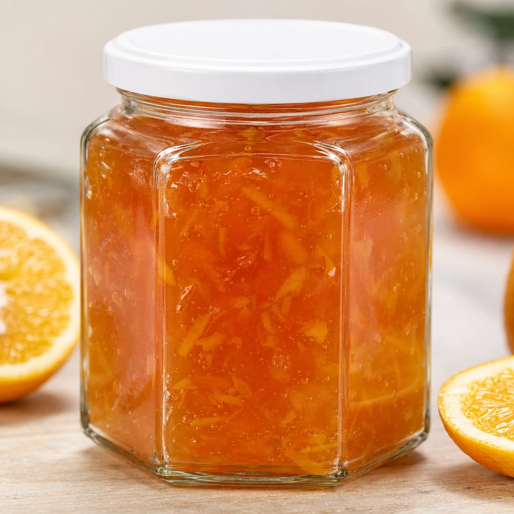 Tarro hexagonal de miel de 400 g lleno de mermelada de naranja muestra en detalle la calidad del tarro y el cierre de la tapa