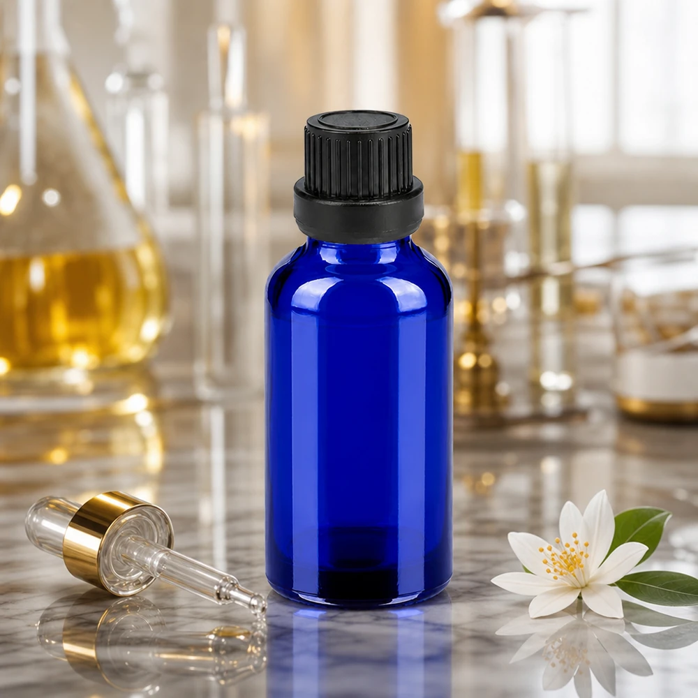 Frasco de cristal azul cobalto de 30 ml con pipeta cuentagotas para una dosificación precisa de sueros y aceites