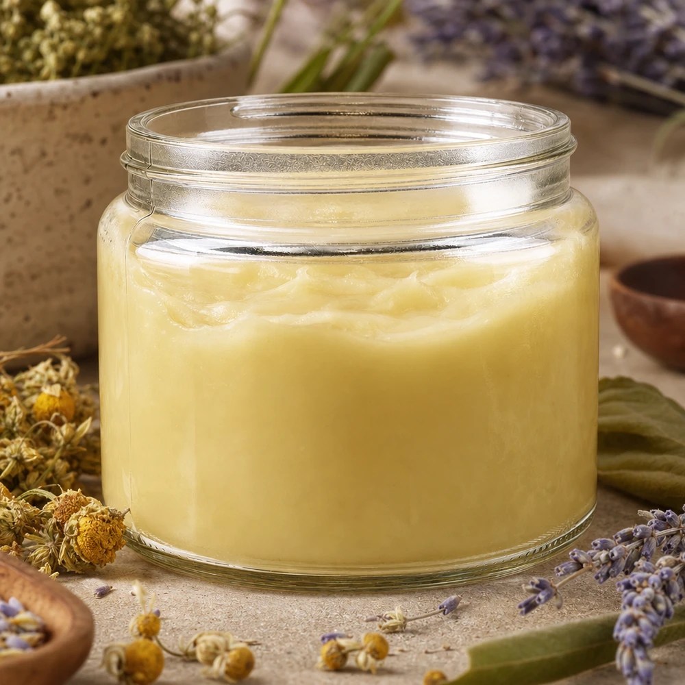Glastiegel 250ml mit cremiger gelber Salbe gefüllt umgeben von Kamillenblüten und Lavendel natürliche Hautpflege