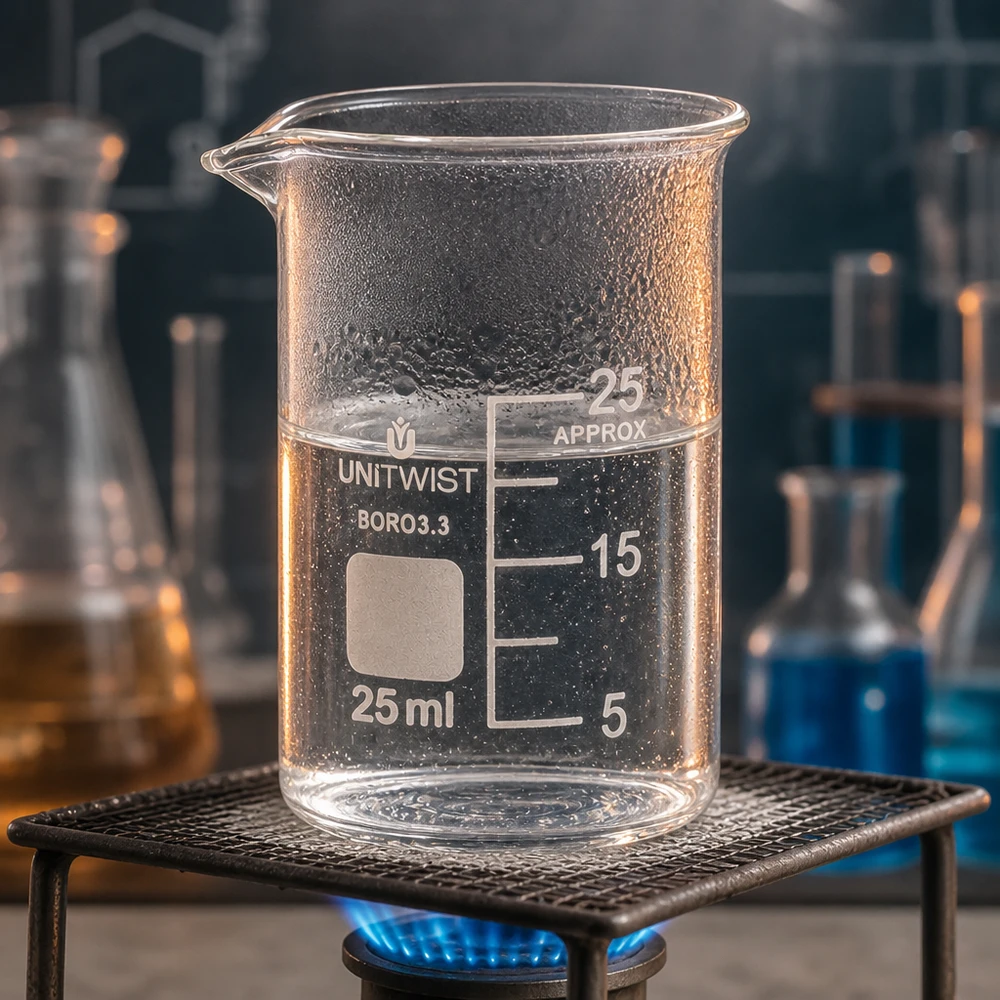 Calentar en el laboratorio un vaso de precipitados UNiTWIST de 25 ml de borosilicato 3.3 sobre un soplete de gas con una malla metálica.