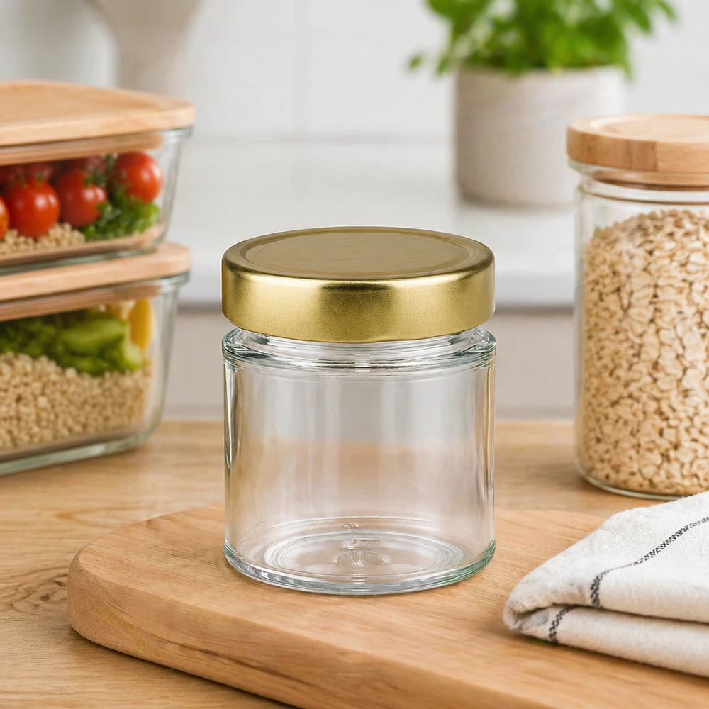 Tarro redondo de 154 ml con tapa BasicSeal dorada profunda UNiTWIST Tarro redondo de 154ml con tapa dorada vacío sobre tabla de madera en cocina moderna con tarros de almacenaje Almacenaje