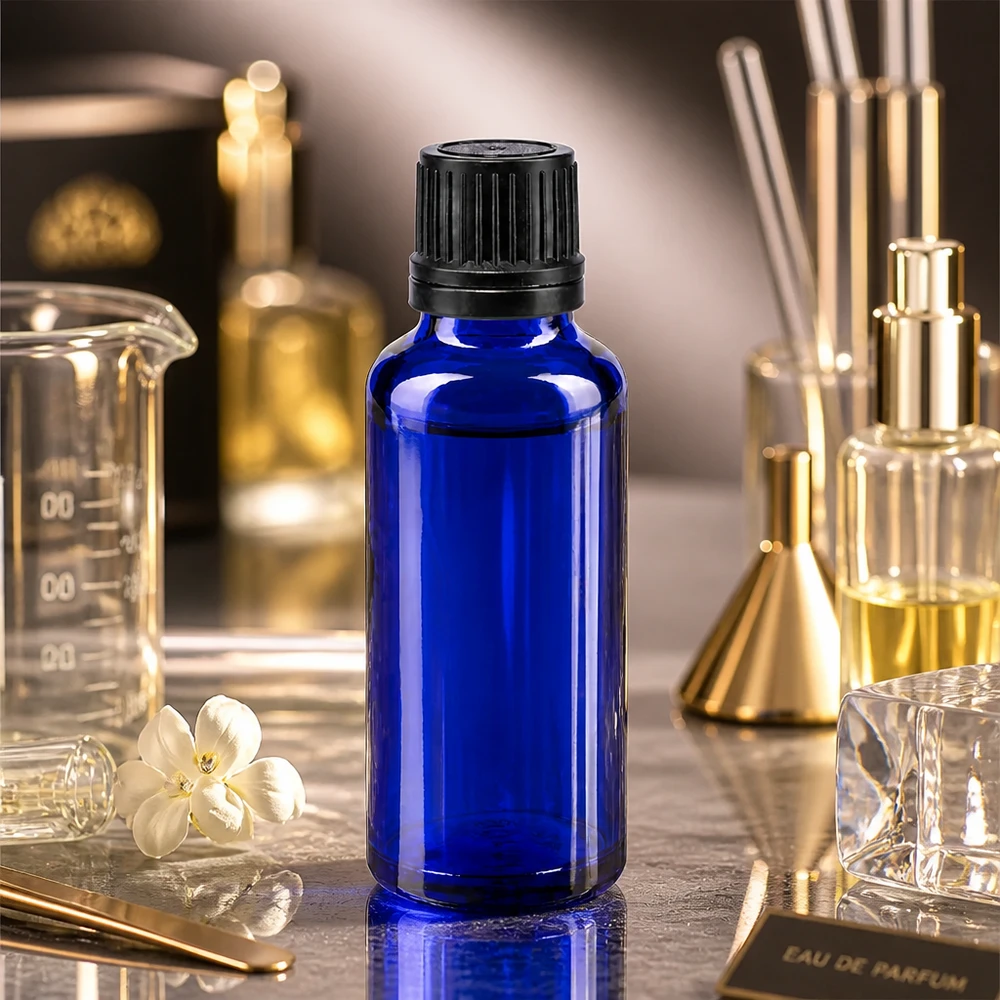 Botella de farmacia azul 30ml tapón cuentagotas anillo vertedor 1mm negro cierre inviolable Frasco de farmacia de 30 ml de cristal azul con tapón de rosca negro y abertura de dosificación precisa de 1 mm