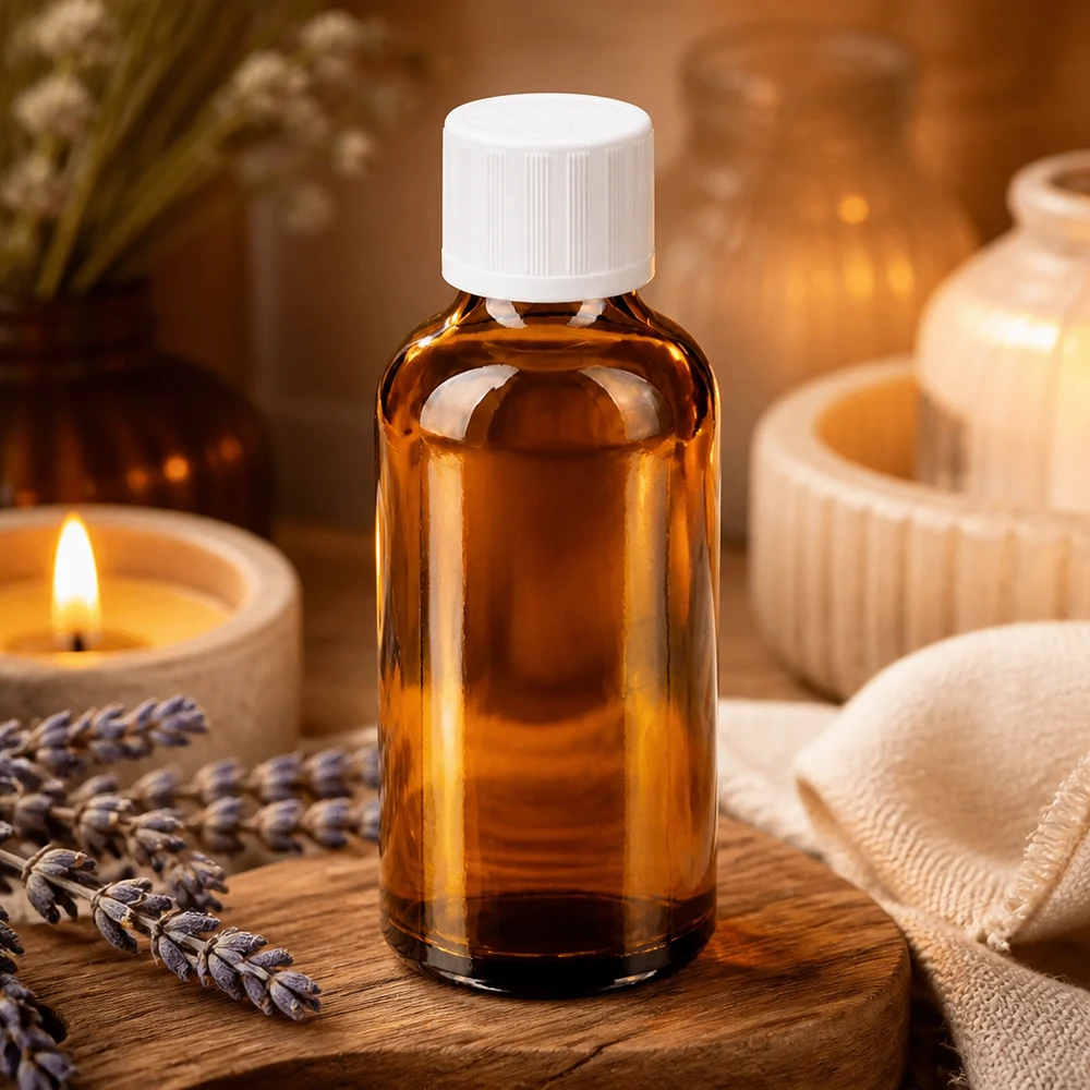 Frasco de 50 ml de vidrio ámbar con protección UV y tapón blanco para sustancias sensibles a la luz
