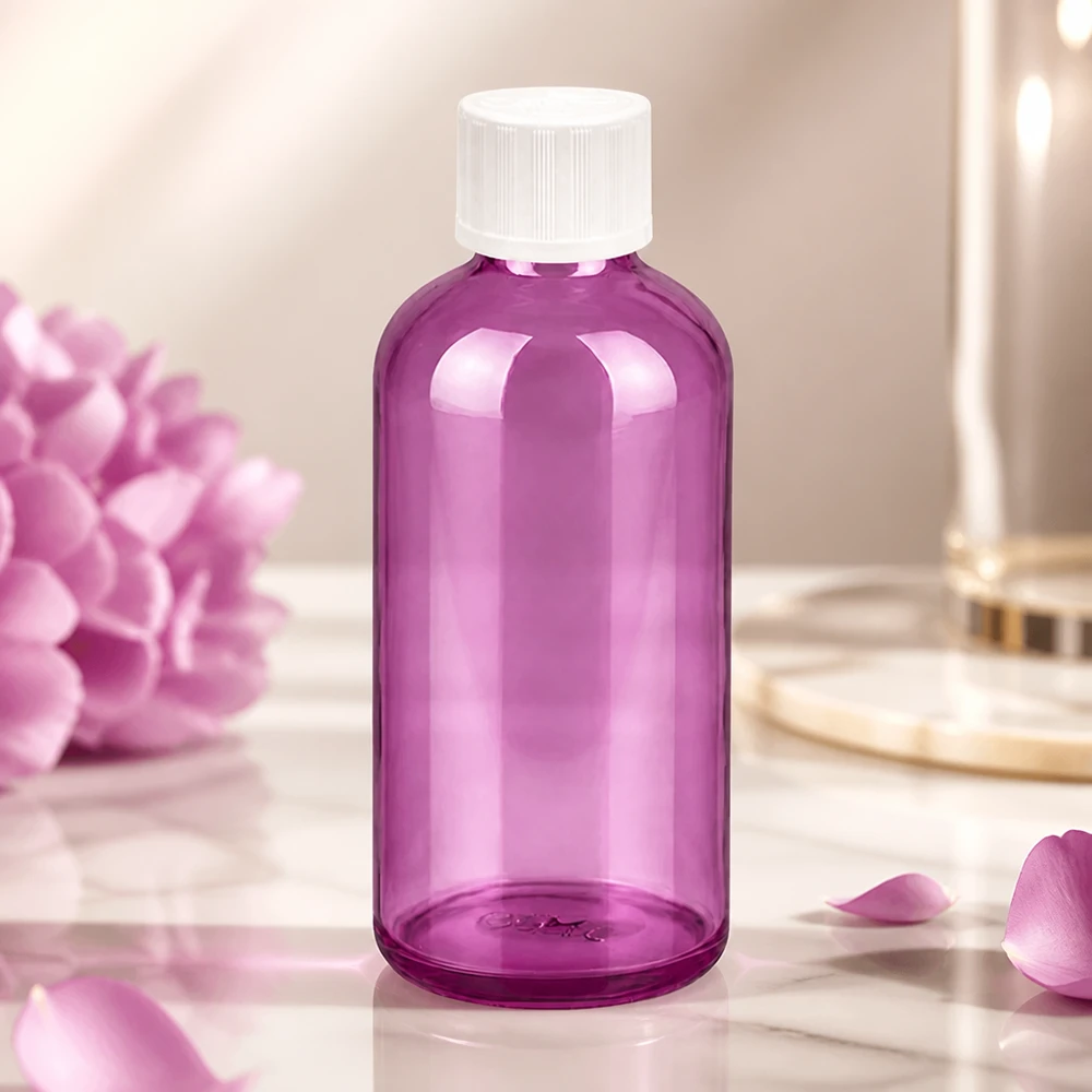 Frasco de cristal morado de 100 ml con gotero de precisión de 1,2 mm para una dosificación exacta de los productos de cuidado