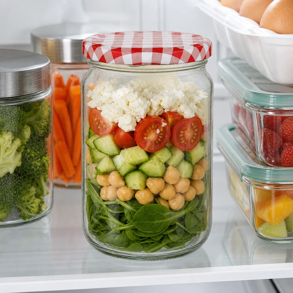Tarro redondo de 795 ml con tapa BasicSeal como recipiente de preparación de comidas con ensalada, garbanzos y queso feta en la nevera