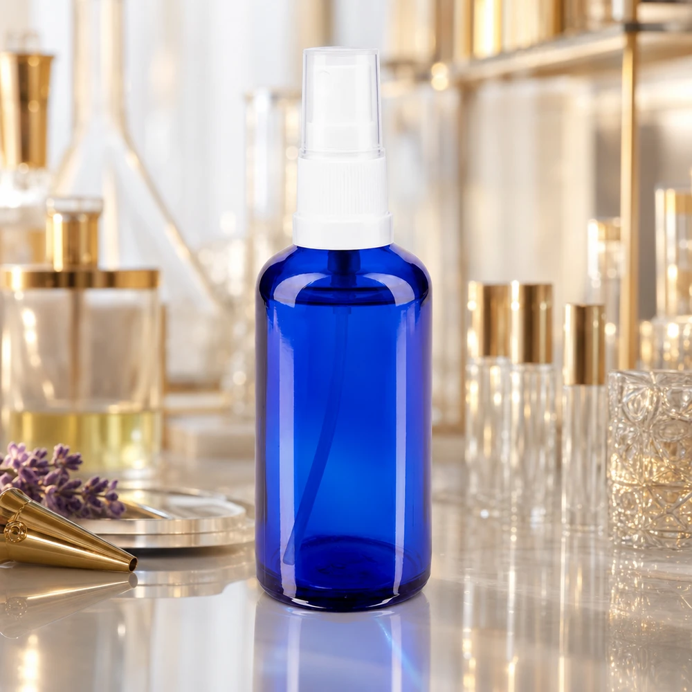 Frasco de cristal de farmacia azul cobalto de 50 ml con pulverizador blanco en el laboratorio de perfumería