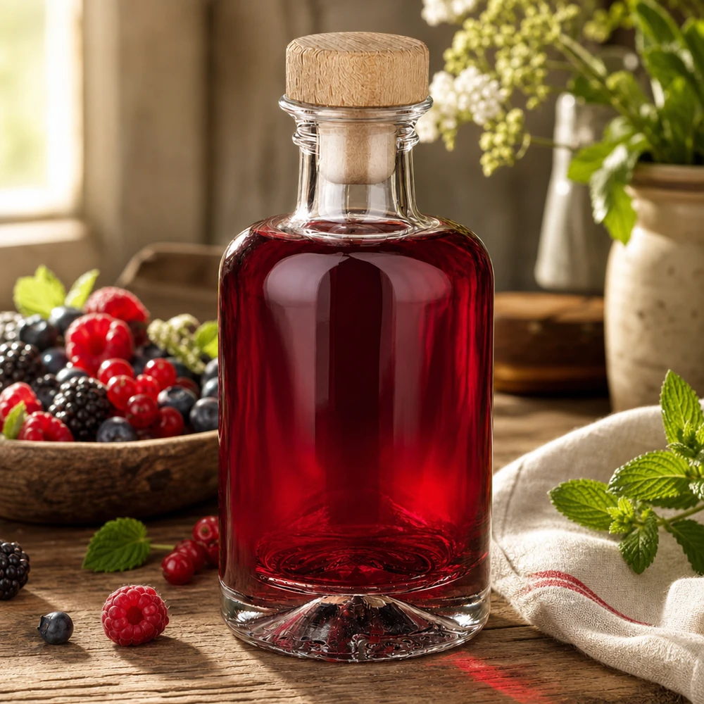 Botella de farmacia de 100 ml «Sofia» con tapón de corcho con asa de madera UNiTWIST® 100ml Glasflasche Sofia mit Holzkorken gefüllt mit Beerenlikör zwischen frischen Beeren und Minze warme Küchenstimmung