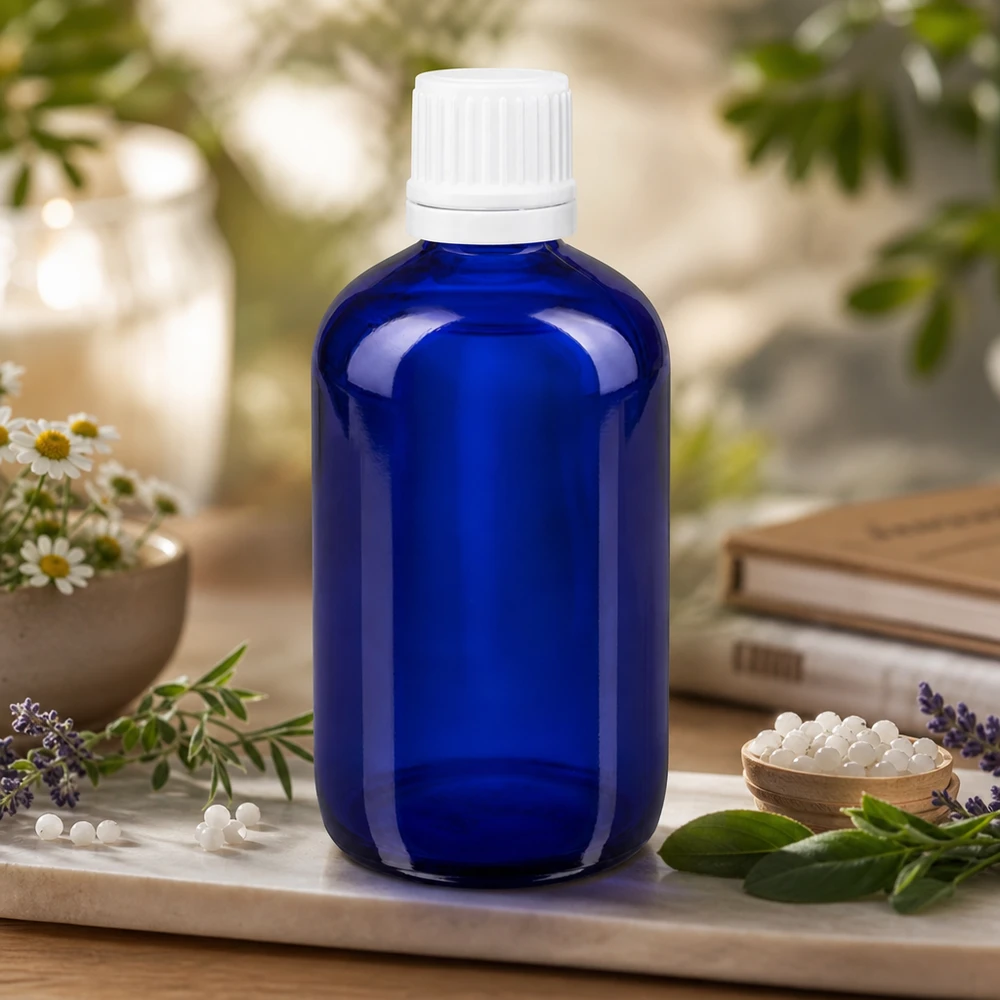 Frasco cuentagotas de farmacia de 100 ml de color azul cobalto con tapón de seguridad para niños blanco, entre plantas medicinales