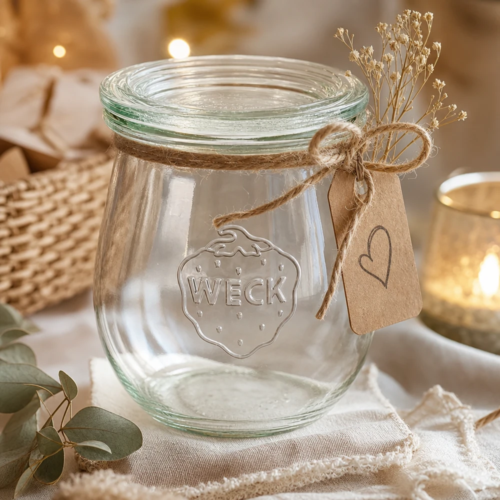 Tarro de cristal con forma de tulipa de 220 ml con tapa de cristal WECK RR60 Tarro tulipán WECK 220ml RR60 decorativo con cuerda de yute etiqueta de papel kraft y flores secas como idea de regalo