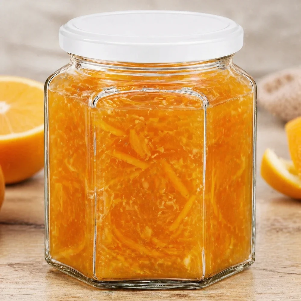 Tarro hexagonal de miel de 400 g relleno de mermelada de naranja junto a rodajas de naranja fresca sobre una base de madera rústica