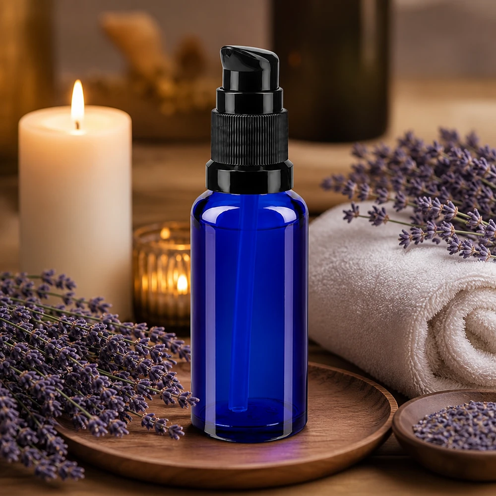 Botella de farmacia azul 30ml tapón pulverizador negro estándar Frasco dosificador de 30 ml de color azul cobalto, fabricado en vidrio de farmacia, con cabezal dosificador negro y decoración de lavanda