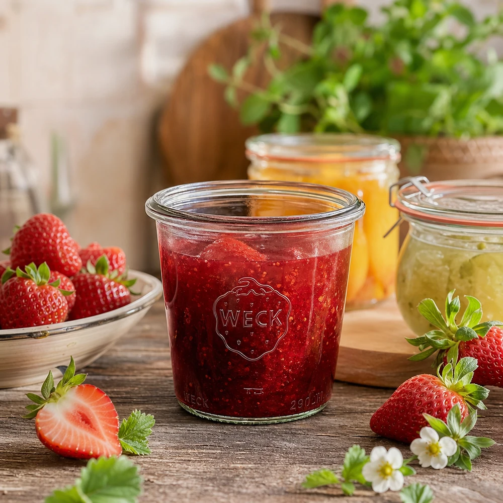 Tarro WECK RR80 de 290ml lleno de mermelada de fresa junto a fresas frescas sobre mesa de madera cocina rústica