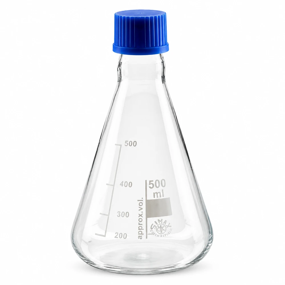 Matraz Erlenmeyer 500ml con tapón de rosca Matraz Erlenmeyer de 500 ml de vidrio con tapón de rosca azul para aplicaciones de laboratorio