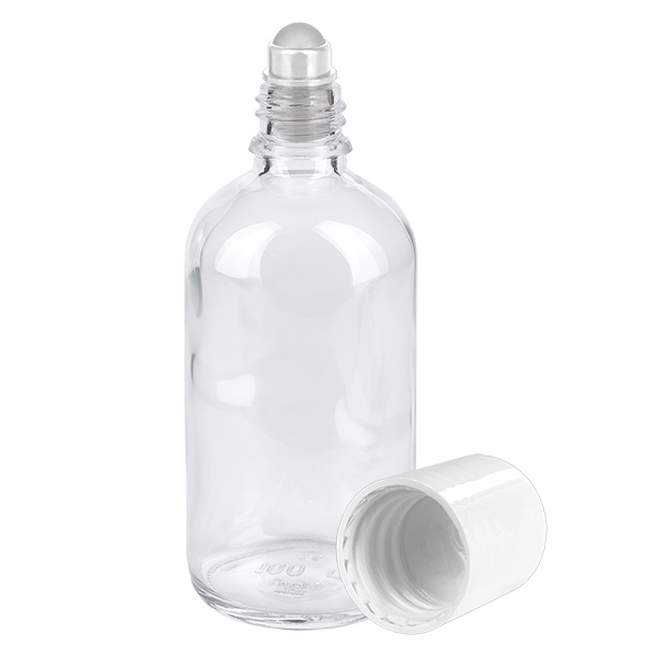 Frasco Roll-On 100ml blanco tapón estándar ClearLine UT18/100 Frasco de cristal de 100 ml con aplicador de bola y tapón de rosca blanco ClearLine UT18/100
