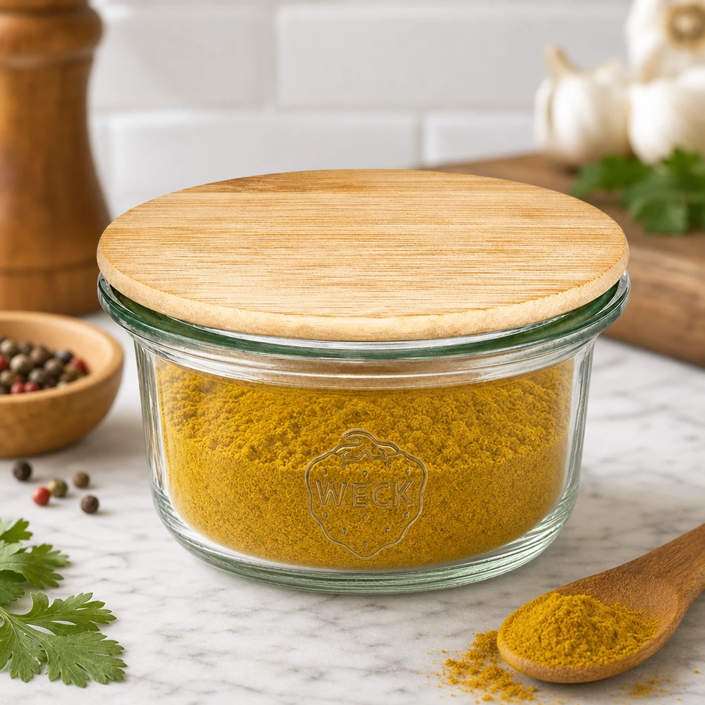 WECK mini mason jar 50ml con tapa de madera lleno de polvo de especias amarillo en la cocina moderna con hierbas