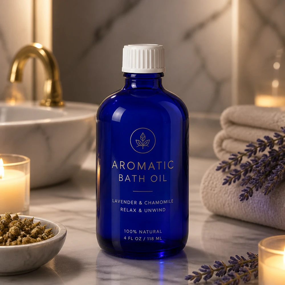 Frasco de cristal azul de 100 ml con tapón dosificador blanco para aceites esenciales y aromaterapia