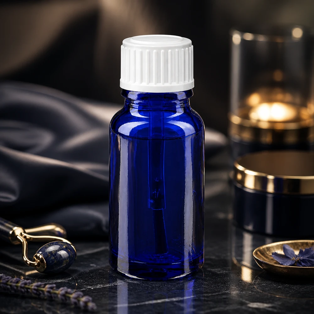 Frasco de cristal STD de 10 ml de color azul oscuro con tapón de pincel blanco para aplicaciones cosméticas