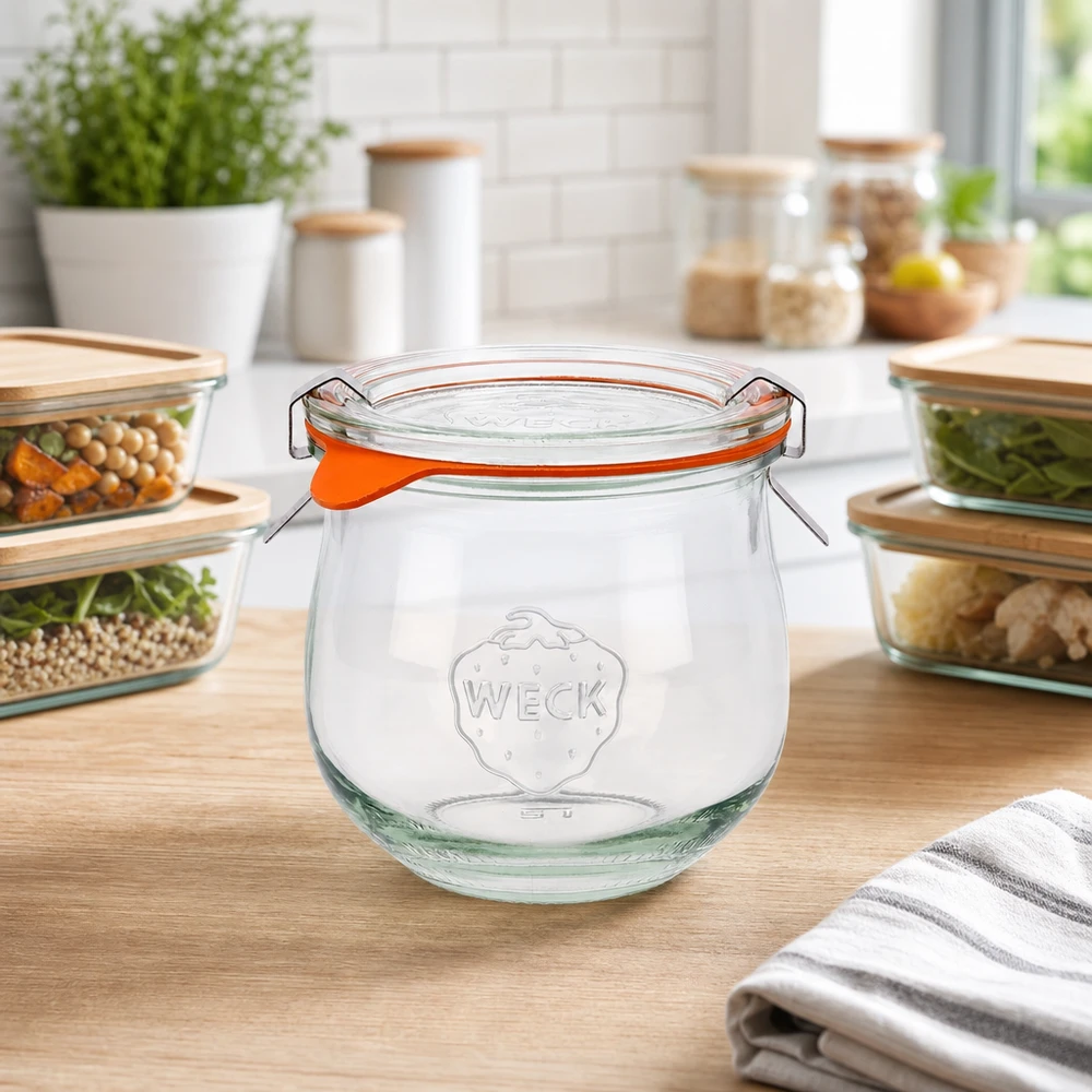 Jarra tulipán 370ml completa WECK RR80 WECK tarro tulipán 370ml RR80 con tapa abatible sobre encimera de madera en cocina moderna entre cuencos de cristal