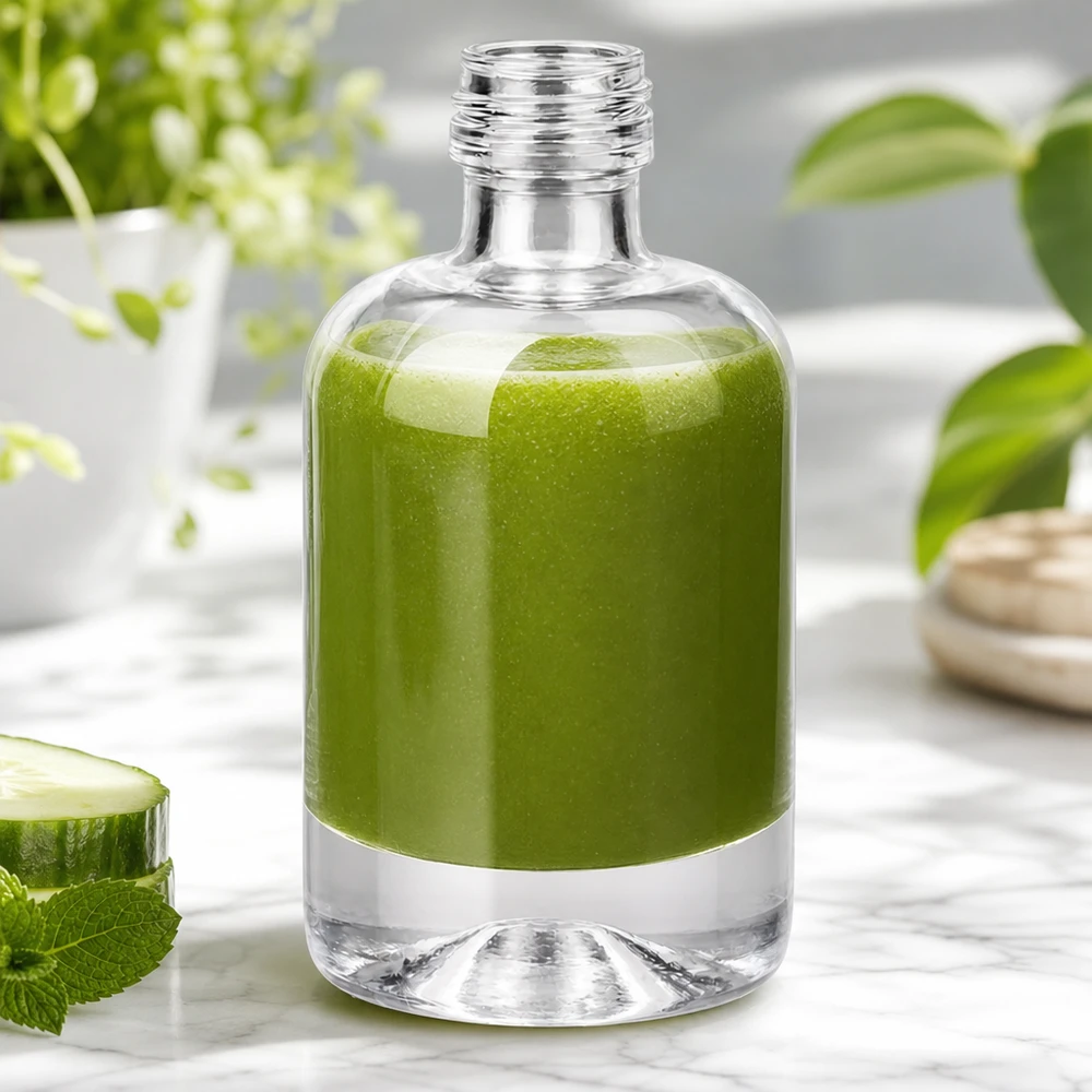 Botella de vidrio de 40 ml «Sara» sin tapón de rosca UNiTWIST® Botella de cristal de 40 ml Sara llena de batido verde junto a pepino y menta muestra aplicación cosmética natural