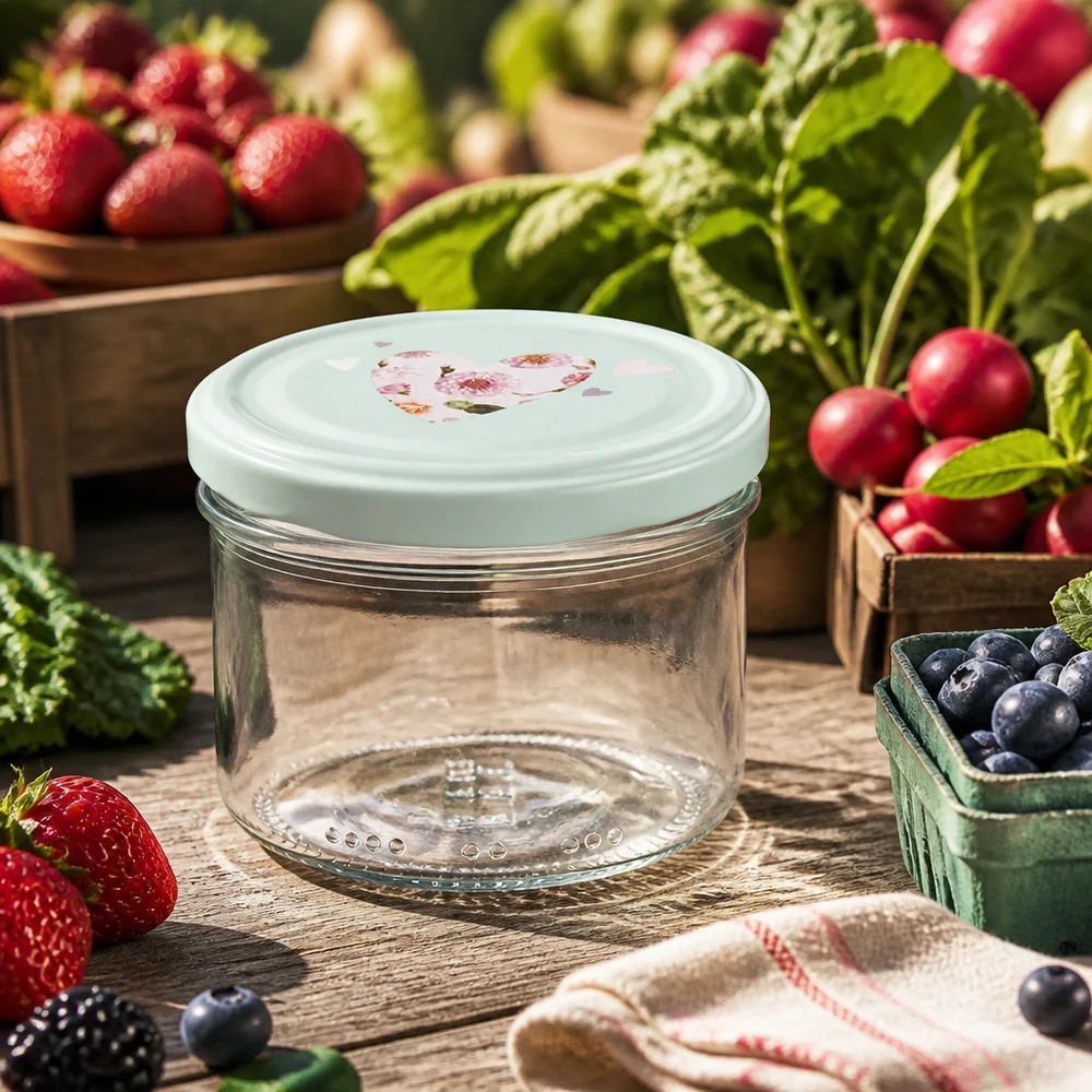 Tarro cilíndrico de 230 ml con tapa BasicSeal corazón de menta entre bayas frescas rábanos y arándanos sobre mesa de madera
