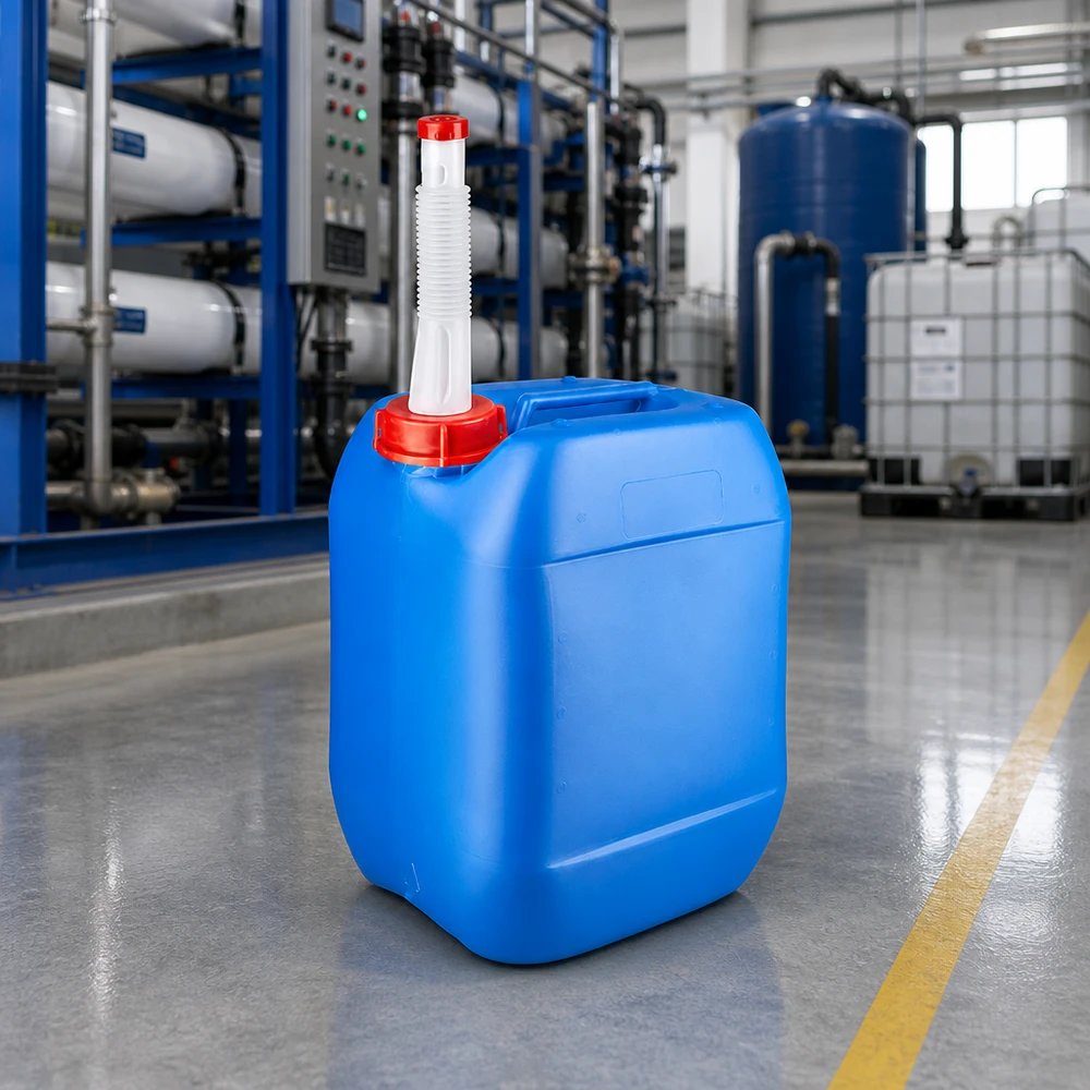 Bidón portátil de 10 litros con pico vertedor flexible, fabricado en HDPE azul, para productos químicos