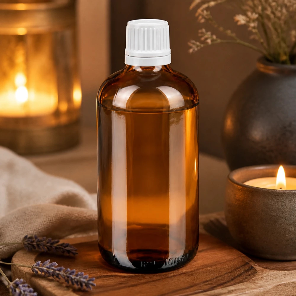 Frasco cuentagotas cilíndrico de vidrio ámbar de 100 ml con tapón de seguridad para niños de color blanco, para aceites esenciales