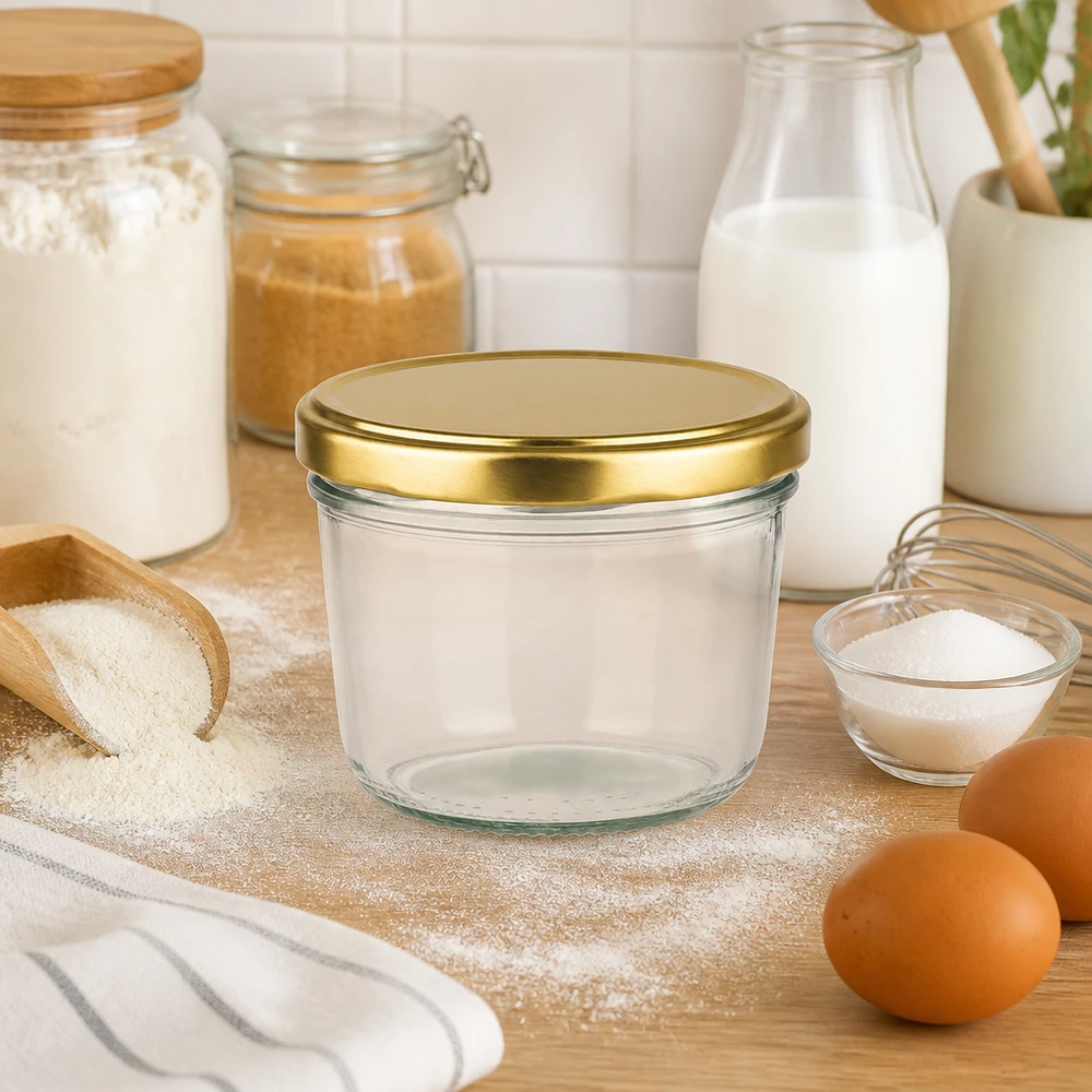 Vasos de 230 ml con tapa BasicSeal dorada UNiTWIST tarro de cristal de 230 ml con tapa dorada en la cocina entre los ingredientes de repostería como la harina, la leche y los huevos sobre una tabla de madera