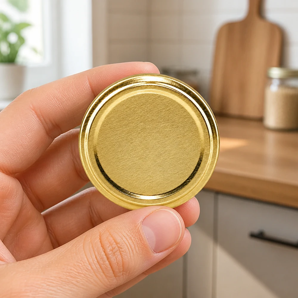Tapa de rosca dorada de 63 mm (TO63) en una mano, con fondo de cocina