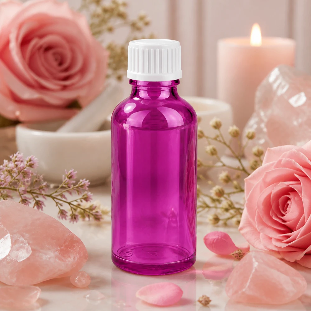 Frasco de cristal de 50 ml de color morado brillante con tapón de rosca blanco para aceites esenciales y cosméticos