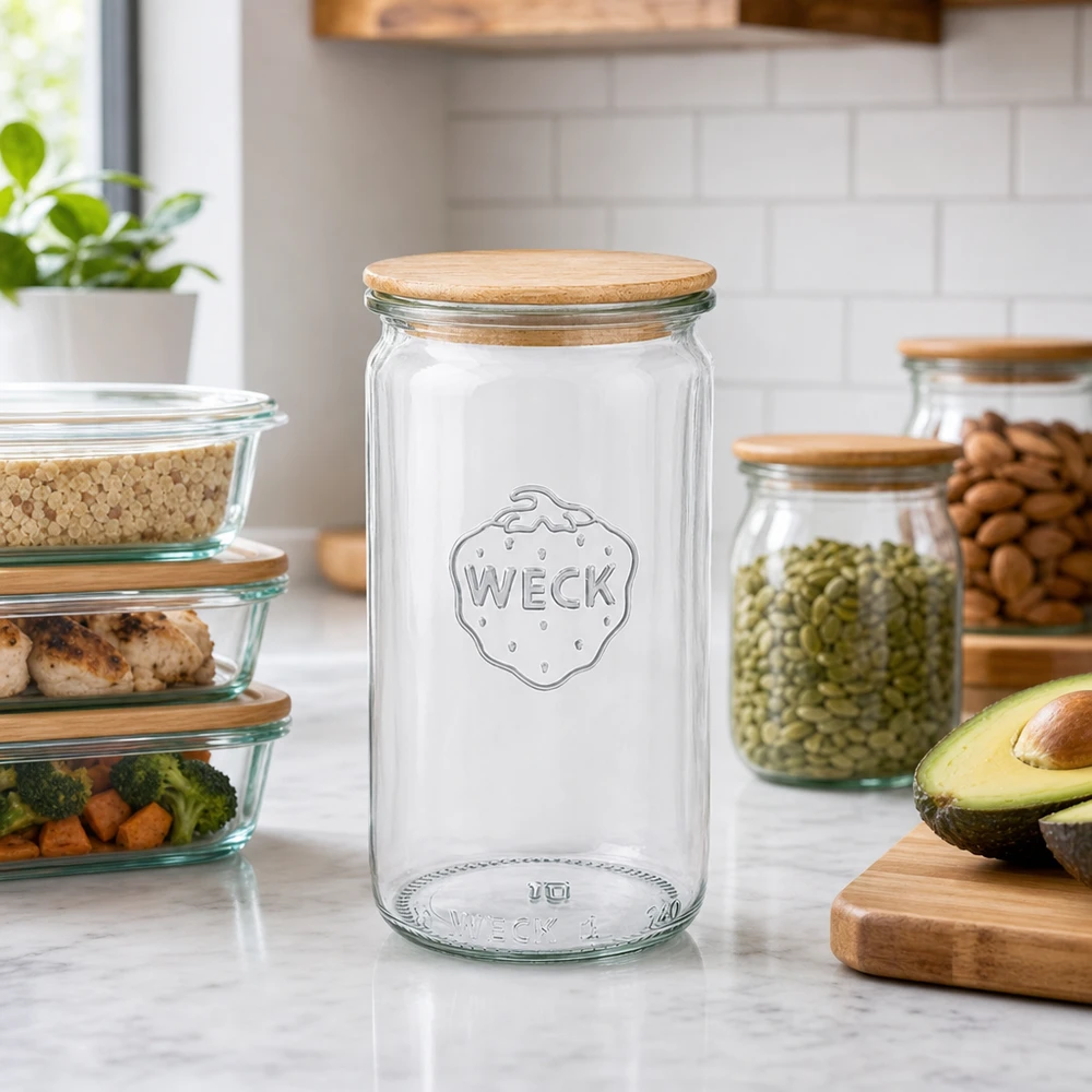 Tarro cilíndrico WECK 340ml RR60 con tapa de madera en ambiente de cocina junto a recipientes de preparación de comidas y tarros de almacenaje