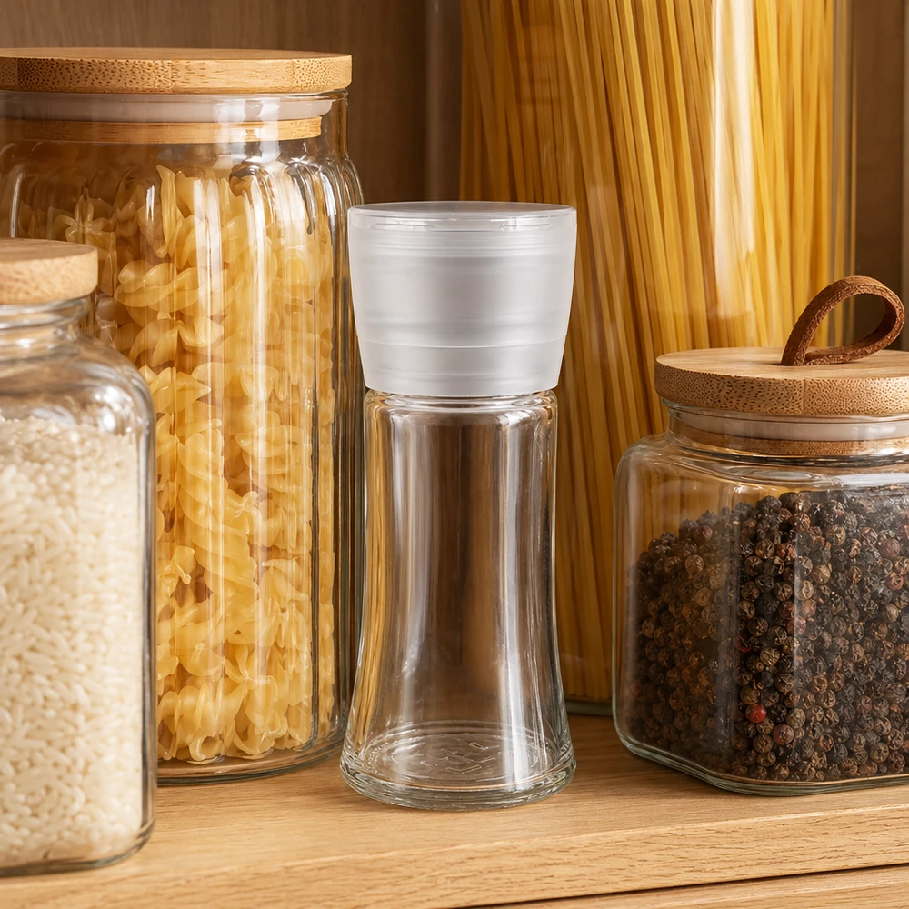 Frasco para especias de 95 ml con molinillo blanco Vario en la estantería de la cocina, entre la pasta, el arroz y los granos de pimienta