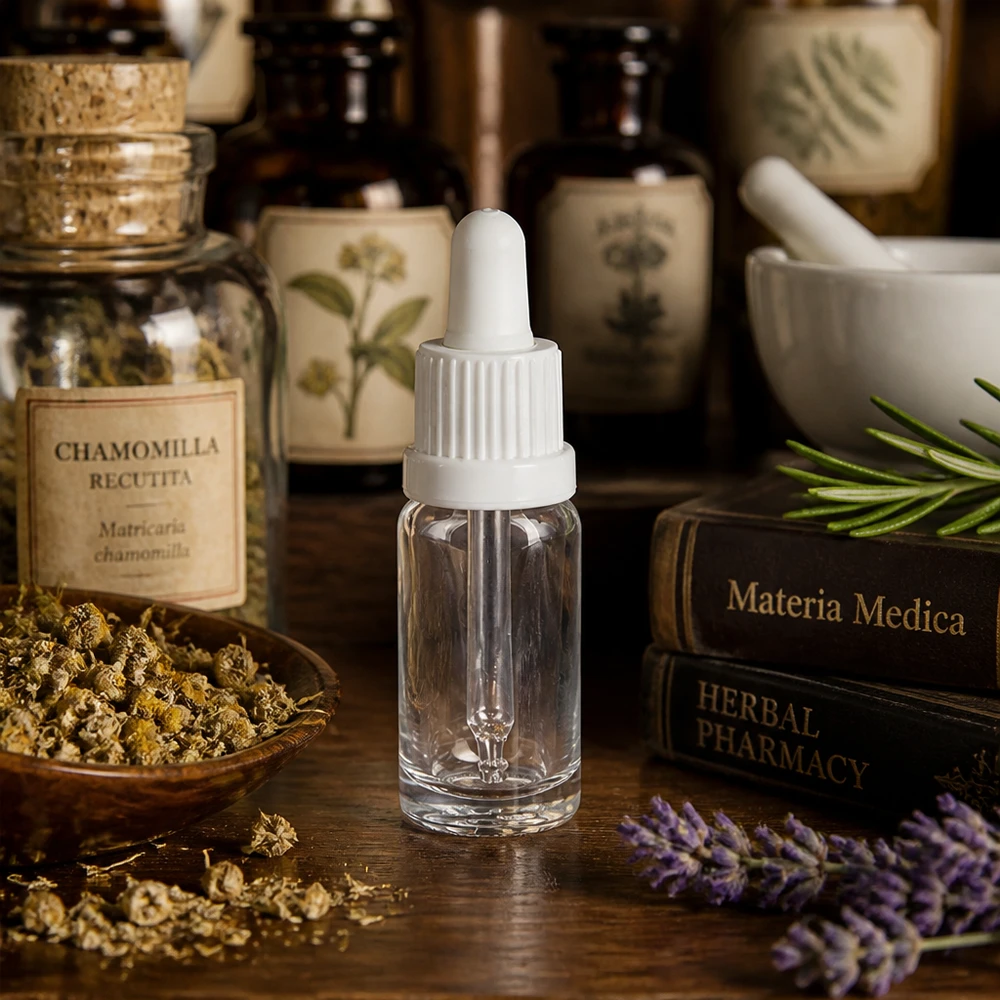 Frasco con pipeta de 10 ml de cristal transparente con tapón dosificador blanco, que contiene hierbas secas y plantas medicinales