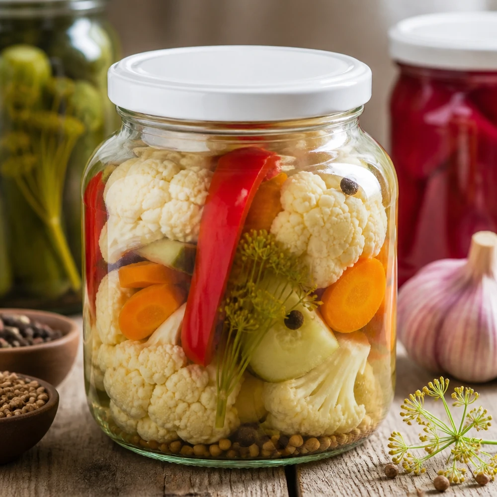 Tarro ovalado 370ml con tapa BasicSeal blanco UNiTWIST Tarro ovalado UNiTWIST de 370 ml con tapa blanca relleno de verduras en escabeche coliflor zanahorias para conservar