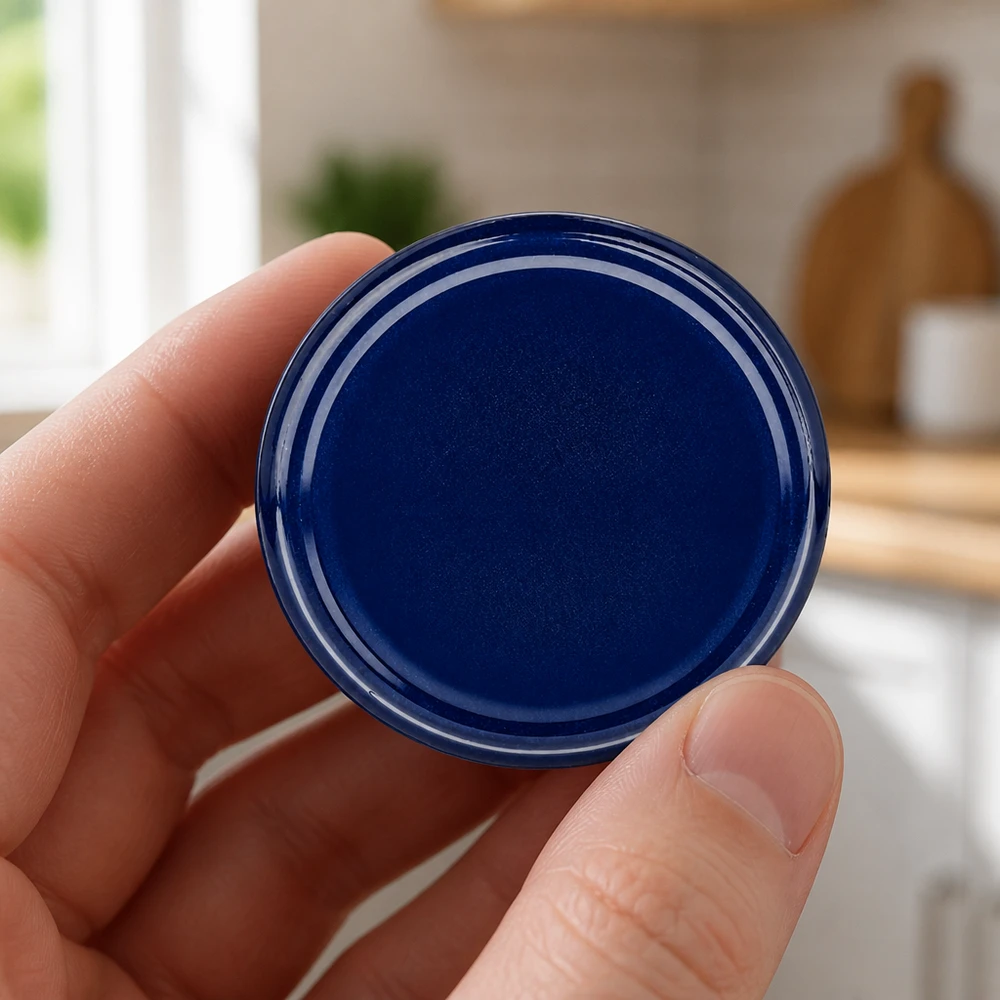 Tapa azul para tarros TO82 de 82 mm, sostenida con la mano, vista desde arriba, UNiTWIST BasicSeal