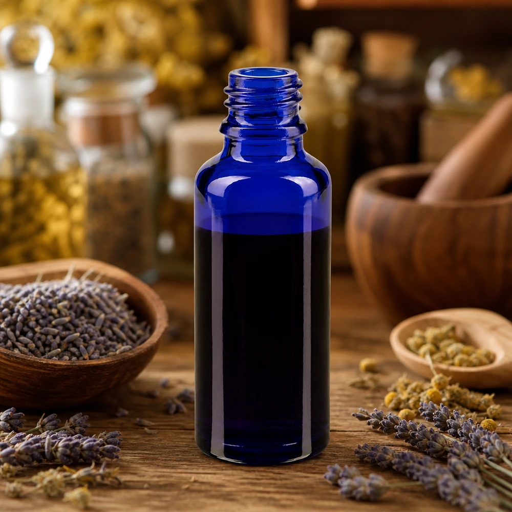Frasco cuentagotas 30ml DIN 18 VIDRIO AZUL Botella azul ApoGlas de 30 ml entre lavanda, manzanilla y un mortero de madera, en un ambiente rústico de hierbas medicinales