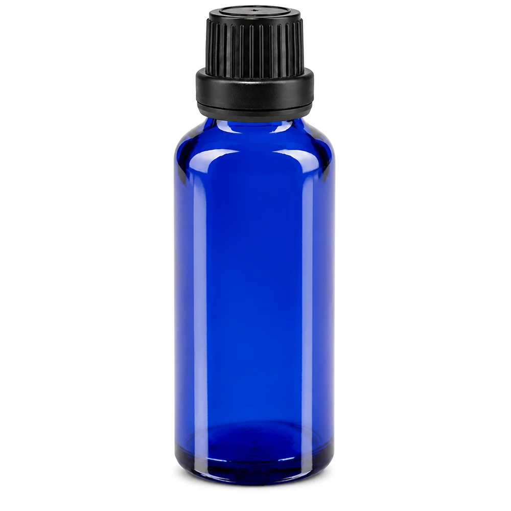 Frasco de farmacia de cristal azul de 30 ml con tapón de seguridad negro y gotero de 2 mm