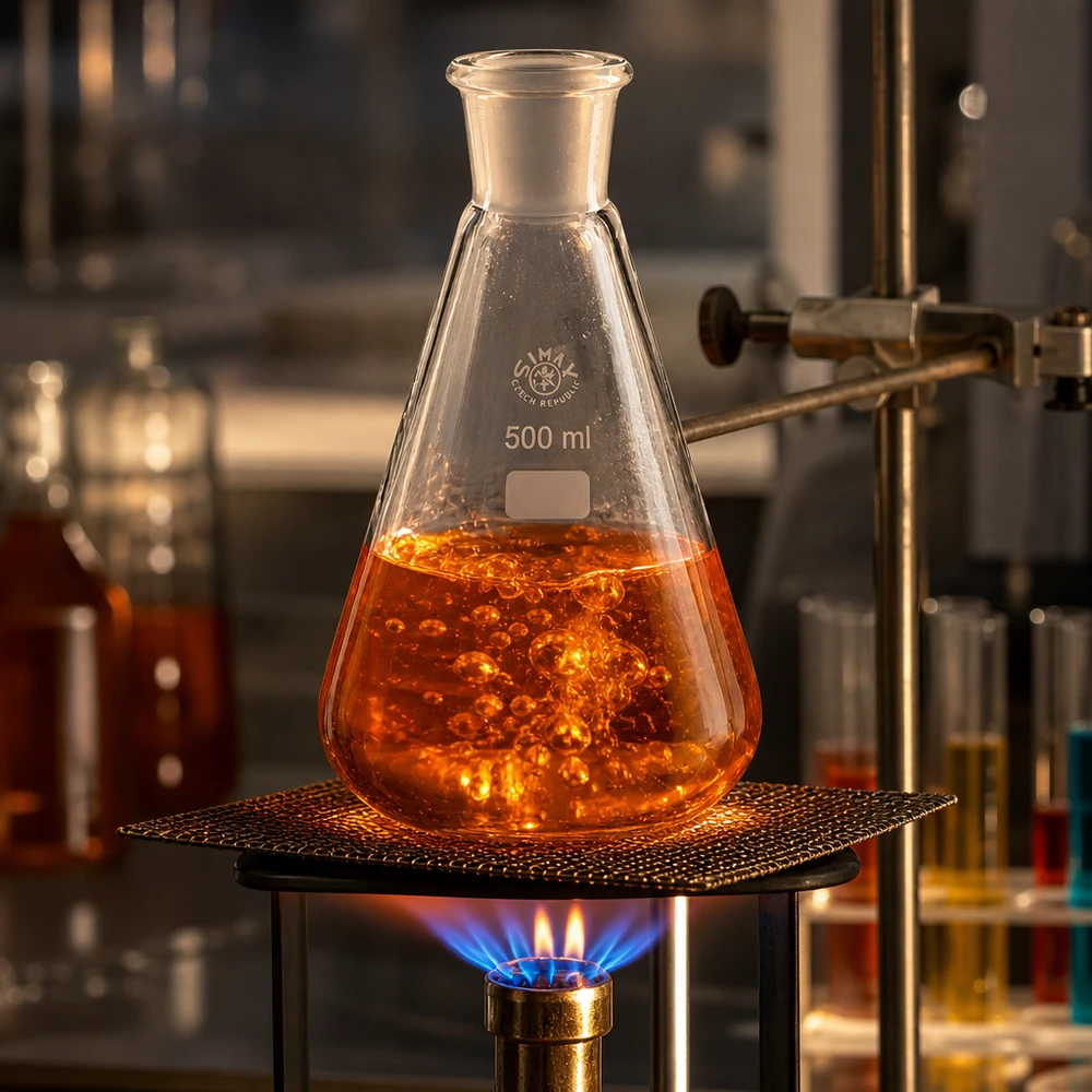 Matraz Erlenmeyer de 500 ml con solución de reacción naranja sobre mechero Bunsen en el laboratorio de química