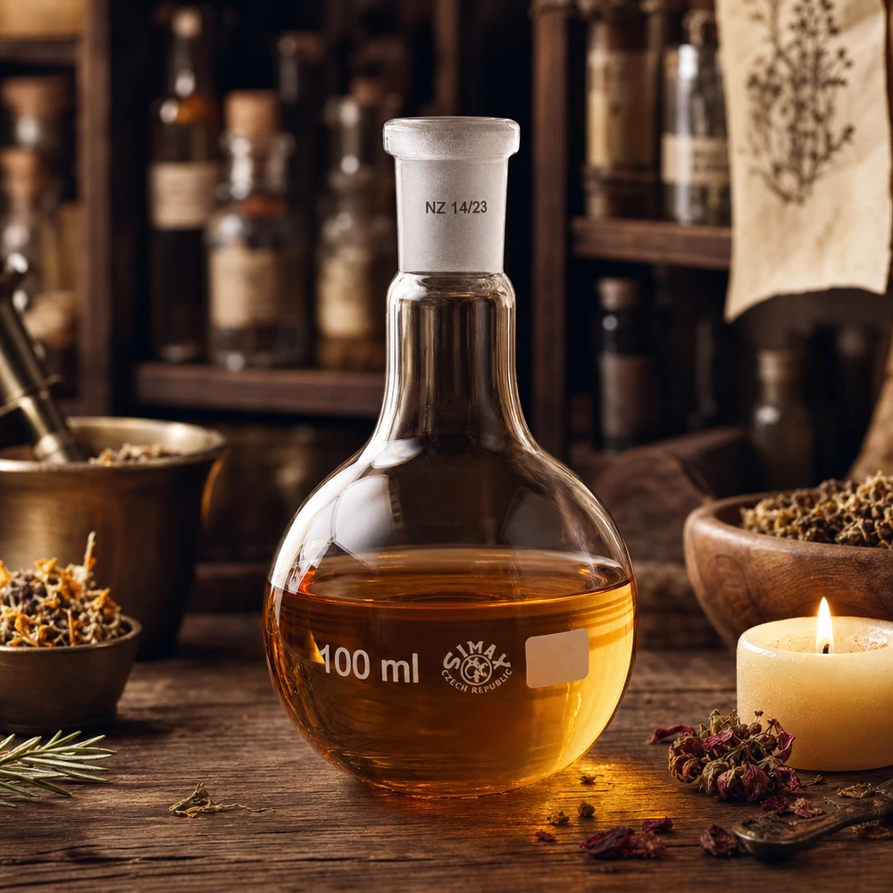 Frasco de 100 ml con líquido dorado y junta esmerilada estándar 14/23 para química orgánica