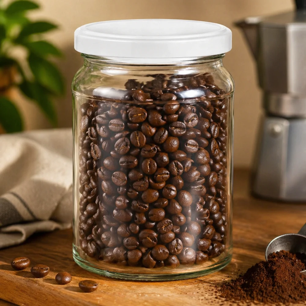 Tarro redondo de 205ml con tapa BasicSeal blanco UNiTWIST Tarro redondo UNiTWIST de 205 ml lleno de granos de café - tarro hermético para café y alimentos secos