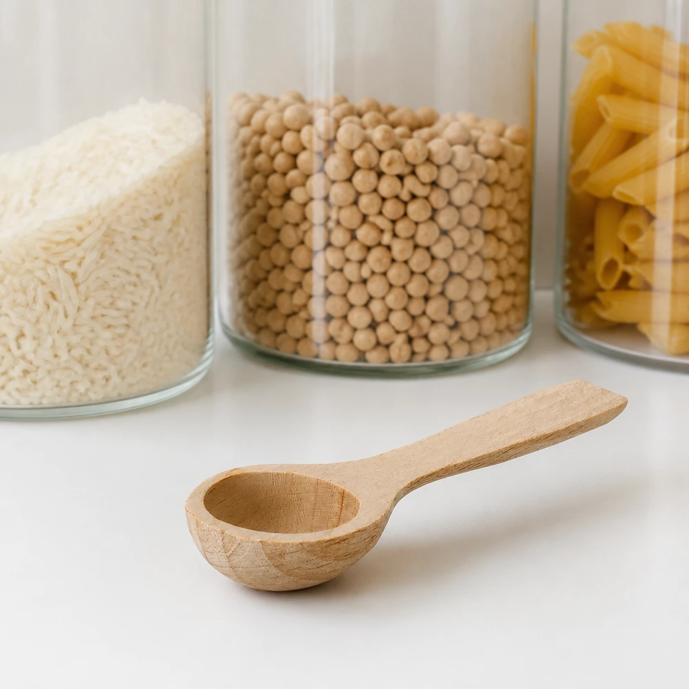 Pala de madera de haya S delante de tarros de almacenamiento con arroz garbanzos pasta organización de cocina material natural