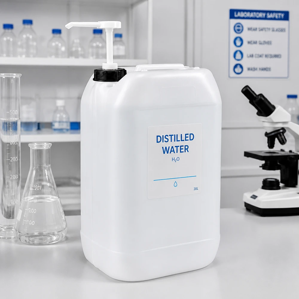 Bidón de 15 litros con bomba dosificadora en un entorno de laboratorio, junto a un microscopio y un matraz de Erlenmeyer