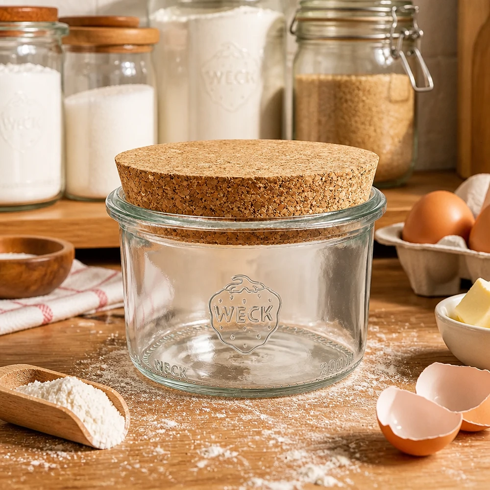 Vasos de 200ml WECK RR80 con corcho natural Vaso WECK 200ml RR80 con tapa de corcho sobre encimera de madera rodeado de ingredientes de repostería harina huevos y mantequilla